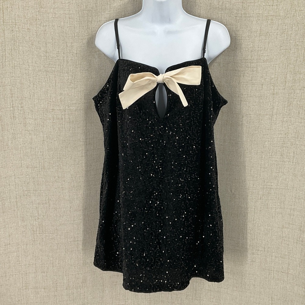 H&M Divided Sequin Cami Top Women XL Black Cream Bow Keyhole Glam Party Y2K Boho
